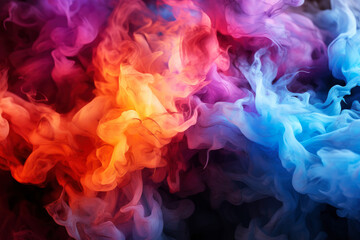 Naklejka premium Multicolored abstract smoke with fire on black background, AI Generated