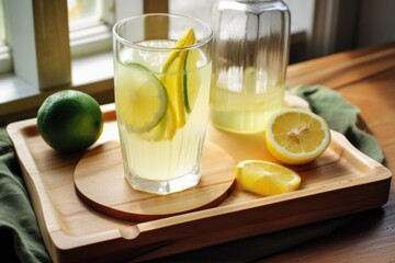Fototapeta premium glass of homemade lemonade with slice of lemon and wedge of lime on a wooden tray, created with generative ai