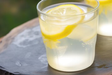 close-up of summer lemonade, with ice cubes and slice of lemon visible, created with generative ai