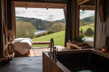 Fototapeta na wymiar room with view of the outdoors and a hot bath in wellness retreat, created with generative ai