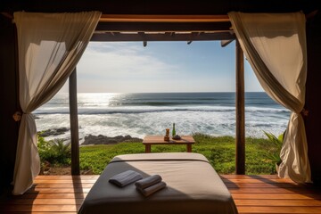 Obraz premium wellness retreat, with view of ocean waves crashing on the shore, created with generative ai