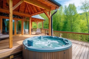 Fototapeta na wymiar wellness retreat with private hot tub, surrounded by peaceful scenery, created with generative ai