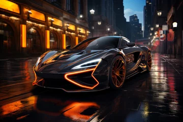 Futuristic sports super car concept on the background of the night city, street racing on expensive exclusive luxury auto, AI Generated © staras