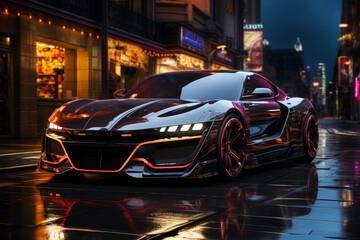 Futuristic sports super car concept on the background of the night city, street racing on expensive exclusive luxury auto, AI Generated