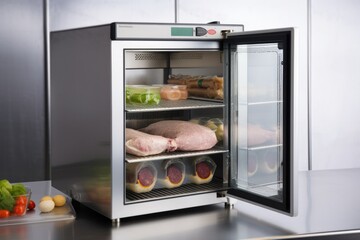 temperature-controlled holding cabinet with sliding glass doors, showing the products and ingredients inside, created with generative ai