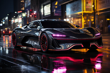 Futuristic sports super car concept on the background of the night city, street racing on expensive exclusive luxury auto, AI Generated © staras