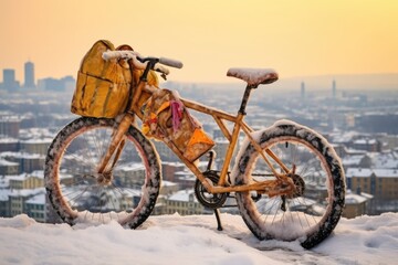 Obraz premium bicycle covered in snow with a snowy cityscape in the background, created with generative ai