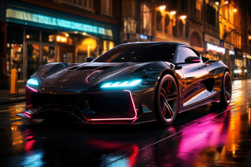 Futuristic sports super car concept on the background of the night city, street racing on expensive exclusive luxury auto, AI Generated © staras
