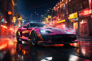 Fototapeta na wymiar Futuristic sports super car concept on the background of the night city, street racing on expensive exclusive luxury auto, AI Generated