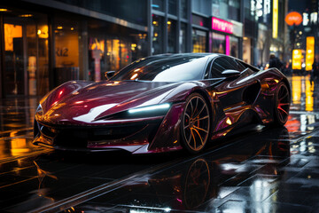 Futuristic sports super car concept on the background of the night city, street racing on expensive exclusive luxury auto, AI Generated © staras