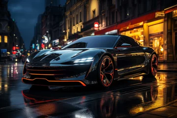 Futuristic sports super car concept on the background of the night city, street racing on expensive exclusive luxury auto, AI Generated © staras