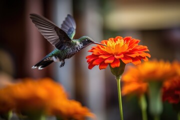 Fototapeta premium hummingbird hovering over flower to feed, created with generative ai