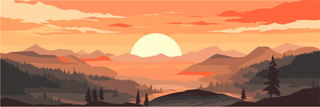 red sunset in surreal valley, vector illustration