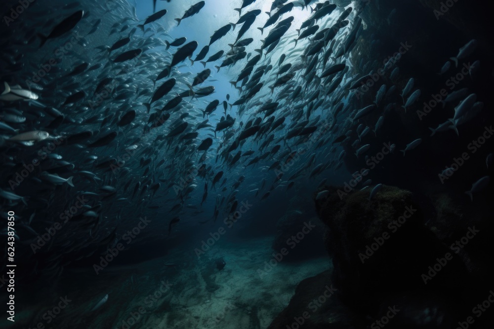 Sticker schools of fish swimming through narrow underwater cave, created with generative ai