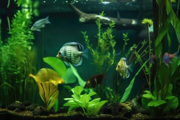 tropical fish swimming in serene aquarium, with view of underwater plant life, created with generative ai