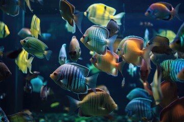Fototapeta na wymiar tropical fish tank with schools of colorful fish swimming in slow motion, created with generative ai