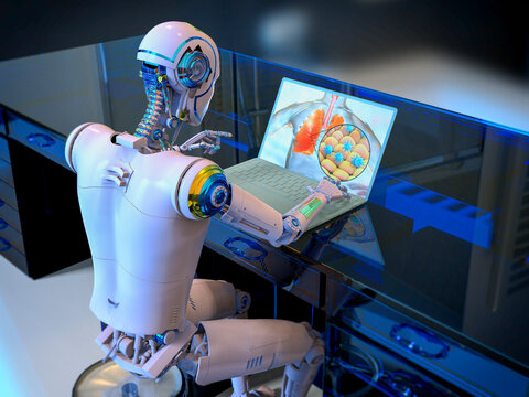 A 3D illustration depicting a humanoid robot working with a laptop, engaged in studying human lungs