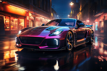 Obraz na płótnie Canvas Futuristic sports super car concept on the background of the night city, street racing on expensive exclusive luxury auto, AI Generated