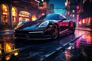 Futuristic sports super car concept on the background of the night city, street racing on expensive exclusive luxury auto, AI Generated © staras