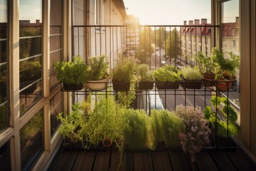 window garden with herbs and flowers on a balcony facing the sunrise, created with generative ai