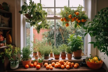 Fototapeta na wymiar vertical garden with herbs, fruits, and vegetables on a window sill, created with generative ai