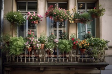 Fototapeta na wymiar a window garden with blooming flowers and herbs on a balcony in the city, created with generative ai