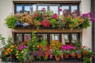 Fototapeta premium window garden overflowing with colorful blooms on a contemporary balcony, created with generative ai