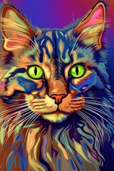 Maine Coon cat psychedelic look. Generative AI