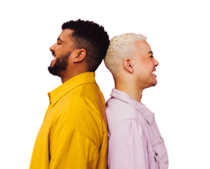 Two happy young men standing back to back on a transparent background