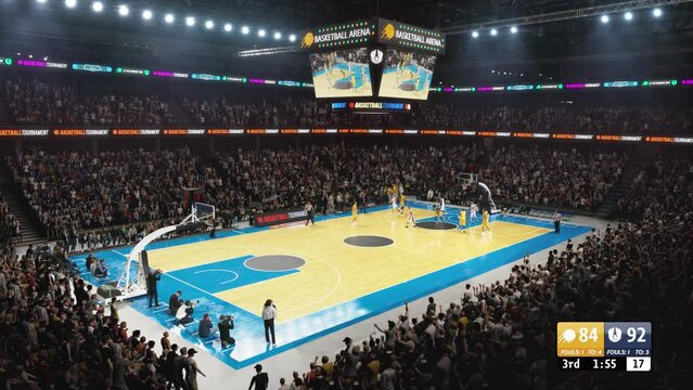 Sold Out Arena Watching a National Basketball Match. Teams Play, Diverse Crowds of Fans Cheer. Sports Channel Live Television Broadcast. Establishing High Wide Angle Footage with Score Cards on Screen