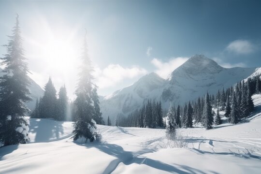 winter sports (skiing, snowboarding, snowshoeing) landscape with majestic mountains in the background, created with generative ai