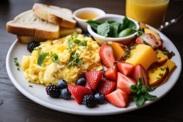 a plate of fresh fruit, vegetables, and scrambled eggs with herbs, created with generative ai