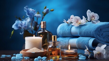 Cosmetics for body care. Massage oils and Towels with candles and flowers. Blue background. Generative AI
