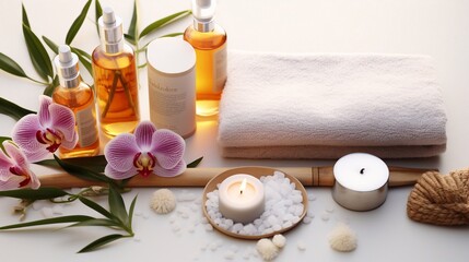 Obraz na płótnie Canvas Cosmetics for body care. Massage oils and Towels with candles and flowers. Spa. Generative AI