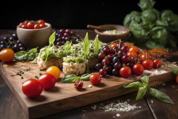 artisanal food presentation on wooden board with cherry tomatoes and basil, created with generative ai