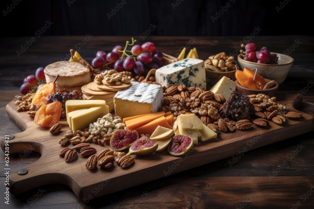 Sticker cheese and charcuterie platter with figs, nuts, and fruit on wooden board, created with generative ai