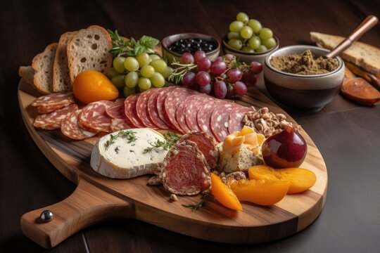 mouth-watering charcuterie plate on wooden board, created with generative ai