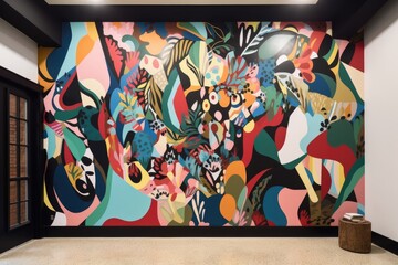 abstract mural with mix of colors and shapes on blank wall, created with generative ai