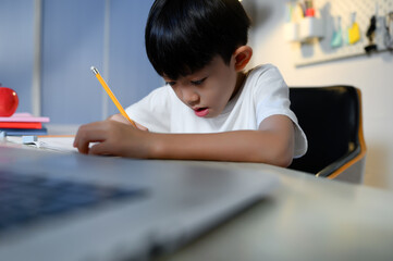 Asian Kid Boy Focused on Homework and Learning Alone in Room at Home, Serious Asian Kid Concentrating on Homework, Studying and Success, Homework and Education of Asian Kids Concept.