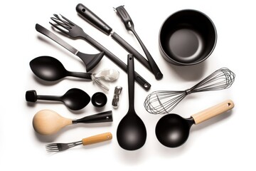 collection of cooking utensils in various shapes and sizes, on a white background, created with generative ai