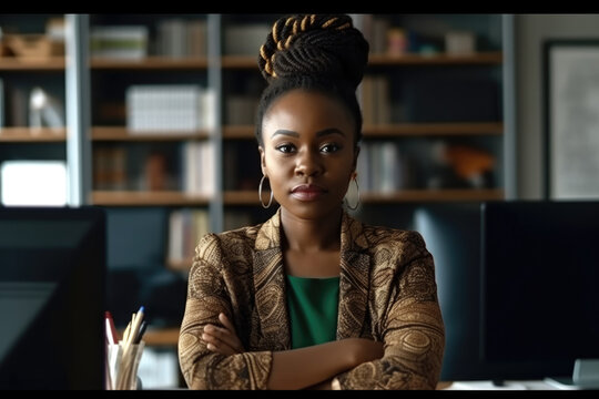 Successful Young African-american Female Entrepreneur, Small Business Owner, Female Office Employee, Black Businesswoman Wearing Green Casual Shirt Stands In Confident Pose With Arms Crossed