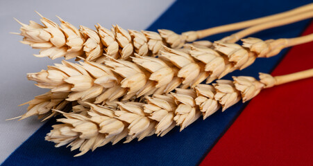 Ripe wheat ears lying on the Russian flag