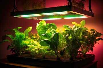 led lights illuminating hydroponic plants for growth, created with generative ai