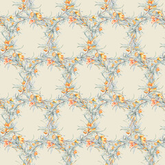 Pattern with orange sea buckthorn. Sea buckthorn for healthy life and design background. Hand painted. Botanical natural. Seamless pattern, an illustration for postcards, posters, textile design.