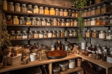 pantry with jars of herbs, spices, and oils for cooking inspiration, created with generative ai
