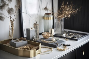 a beautiful, minimalist jewelry display featuring a mix of gold and silver pieces, created with generative ai