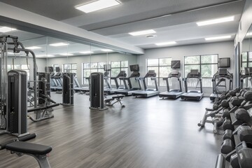 gymnasium with rows of cardio machines, free weights, and mirrors, created with generative ai - obrazy, fototapety, plakaty