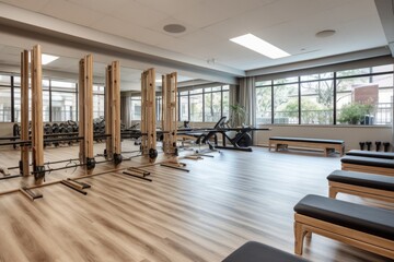 fitness studio, with variety of exercise equipment and classes for all different levels, created with generative ai