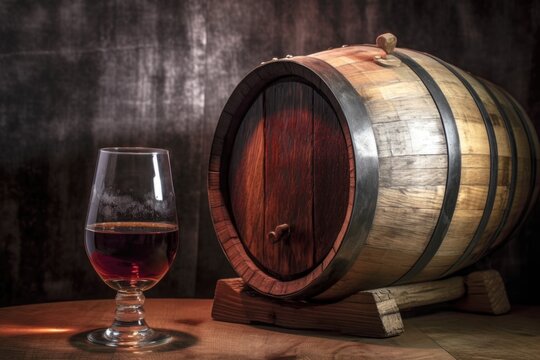 whiskey barrel with a glass filled beside it, created with generative ai