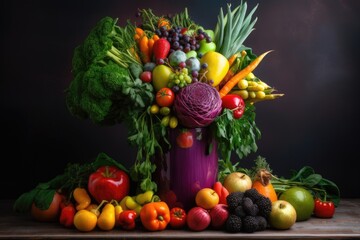 colorful mix of fruits and vegetables in a modern vase, created with generative ai